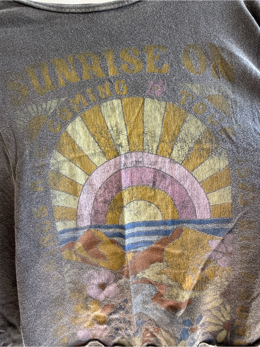 Billabong Gray Short Sleeve Tee with Pastel Rainbow Sunrise - Picture 2 of 6